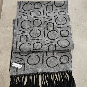 Calvin Klein Gray and Black Logo Fringe Scarf